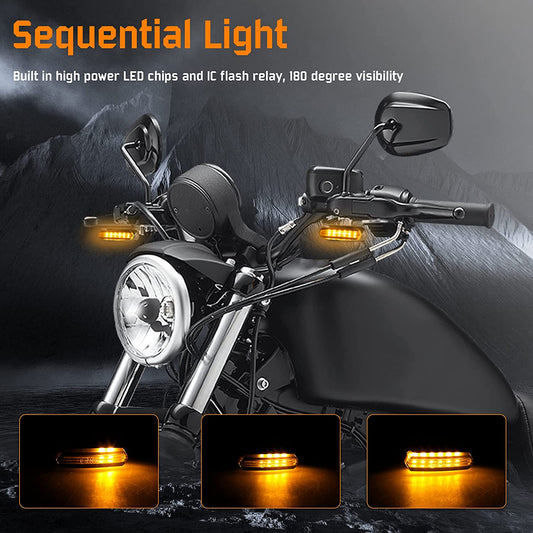 NTHREEAUTO Sequential Handlebar Front Turn Signals Flowing LED Motorcycle Blinkers Mini Running Light Compatible with Harley Dyna Sportster 883 Road King Softail