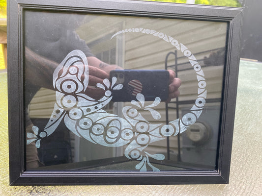 Framed Etched Glass Gecko Art